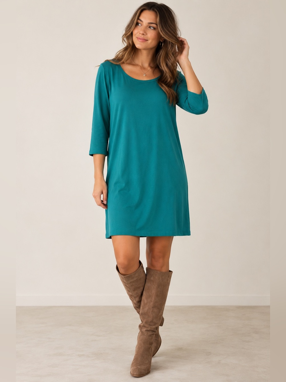 Eileen Fisher XL Teal Blue Organic Cotton Stretch Shift Dress 3/4 Sleeve USA